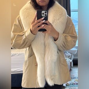 J. Percy for Marvin Richards Tan leather Coat with ivory fox Fur Trim